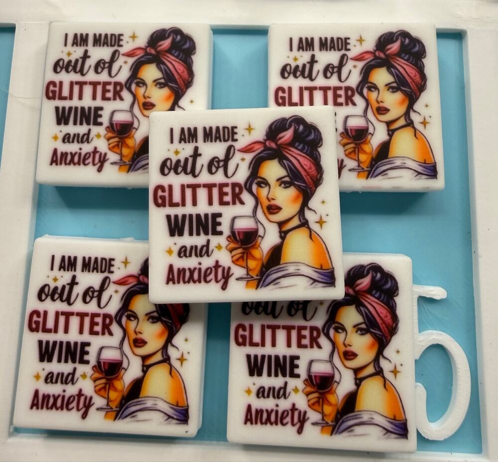 Set of 5 Glitter Wine & Anxiety Acrylic Focals for Pens Keychains Crafts